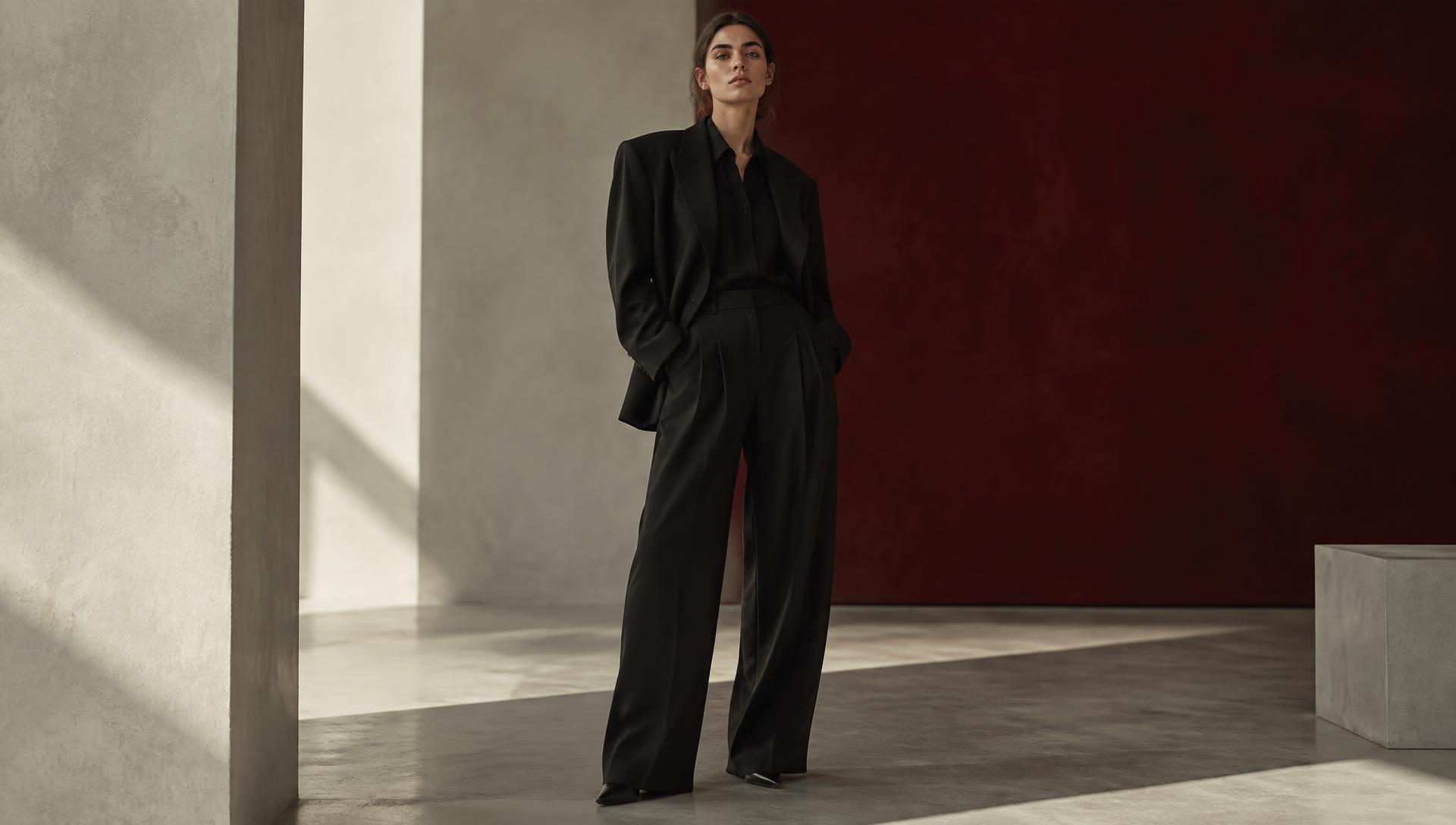Woman in an oversized black wool suit in a concrete gallery