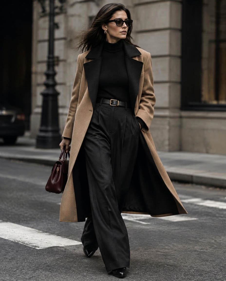 Woman walking in a long coat and wide trousers